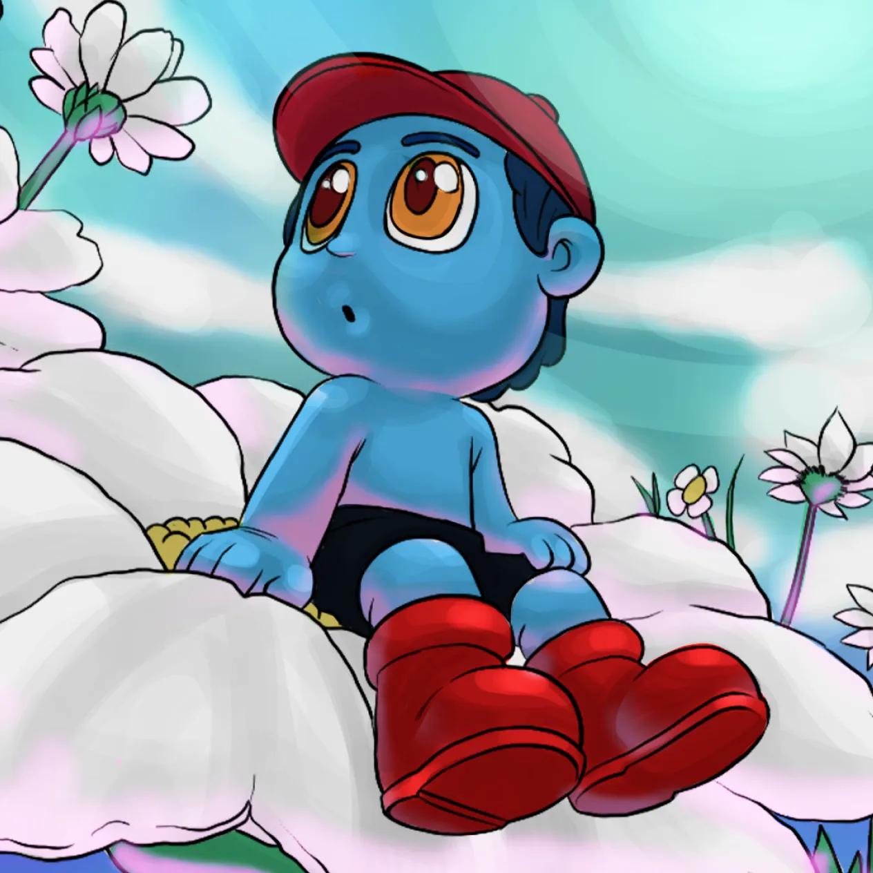 DeMajo mascot illustrated sitting on a giant daisy