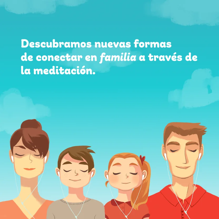 Instagram post: a family meditating with earphones under a blue sky
