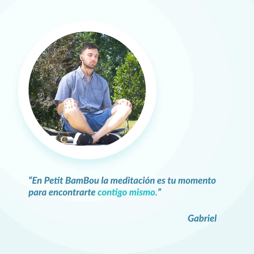 Instagram post: testimonial quote from Gabriel meditating outdoors