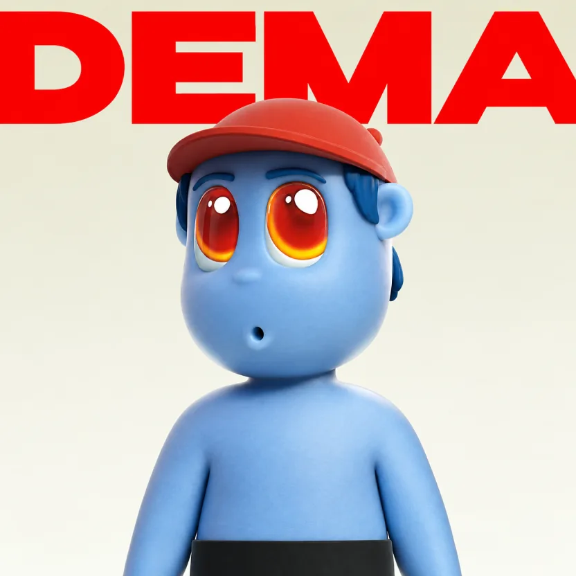 DeMajo mascot rendered in 3D: a blue character in a red cap under the DEMAJO logotype