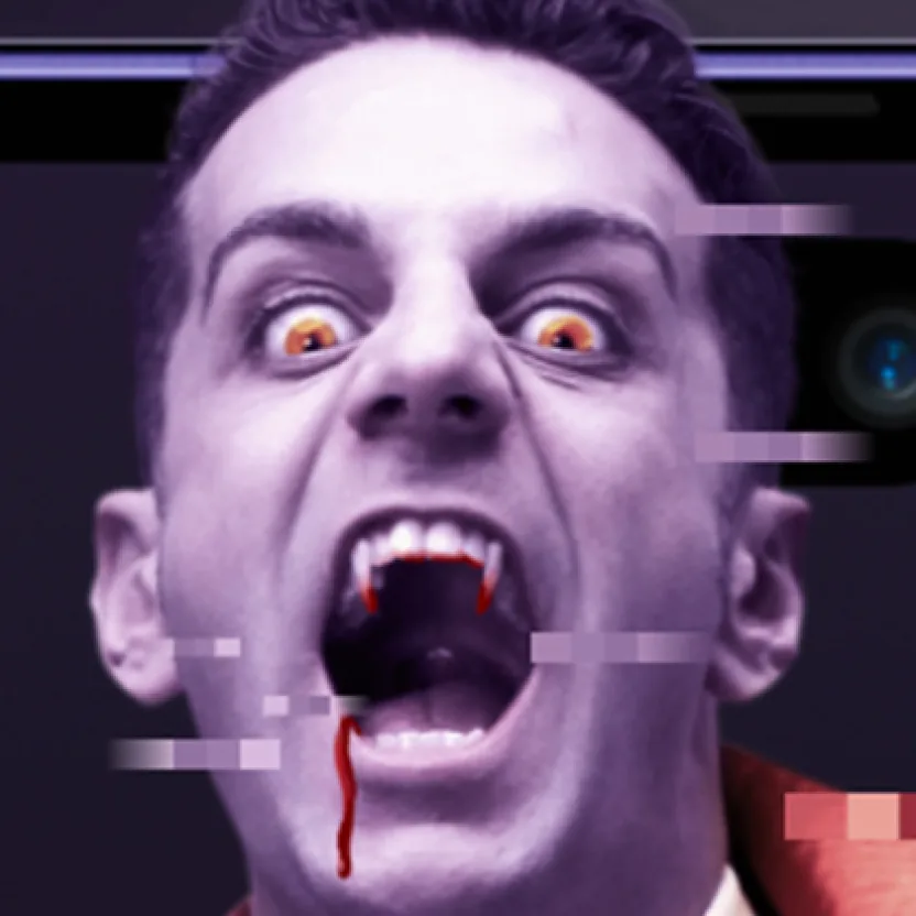 Halloween campaign key visual for Video Up!: a vampire mid scream with glitch effects