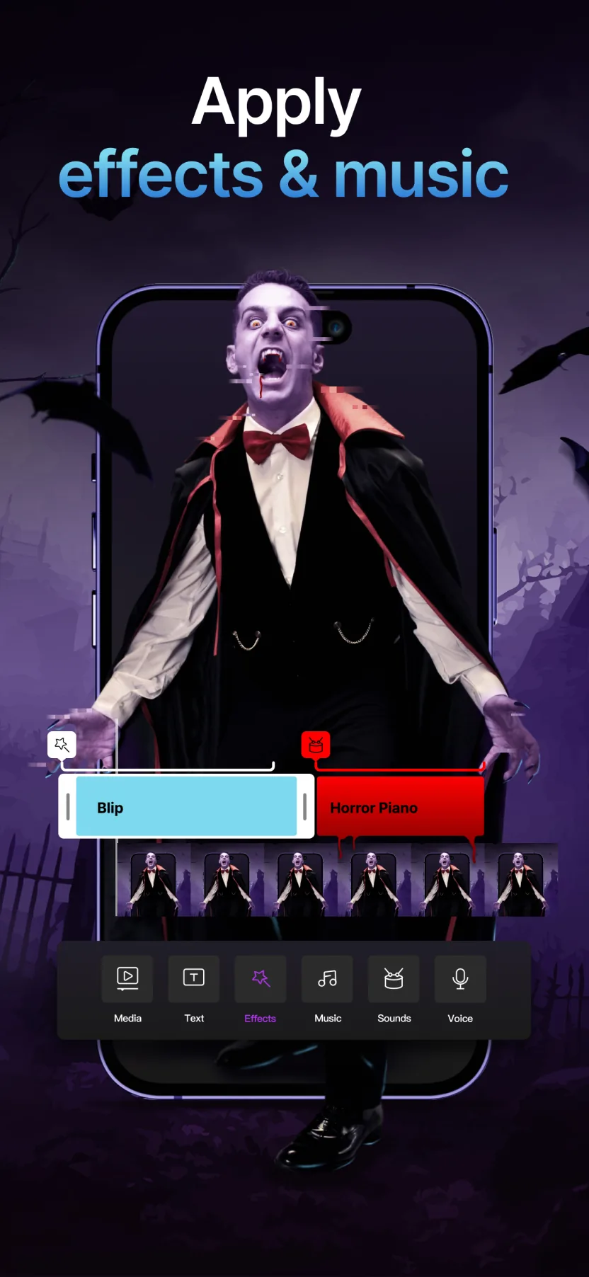 Halloween Custom Product Page: “Apply effects & music” with a vampire on the editing timeline