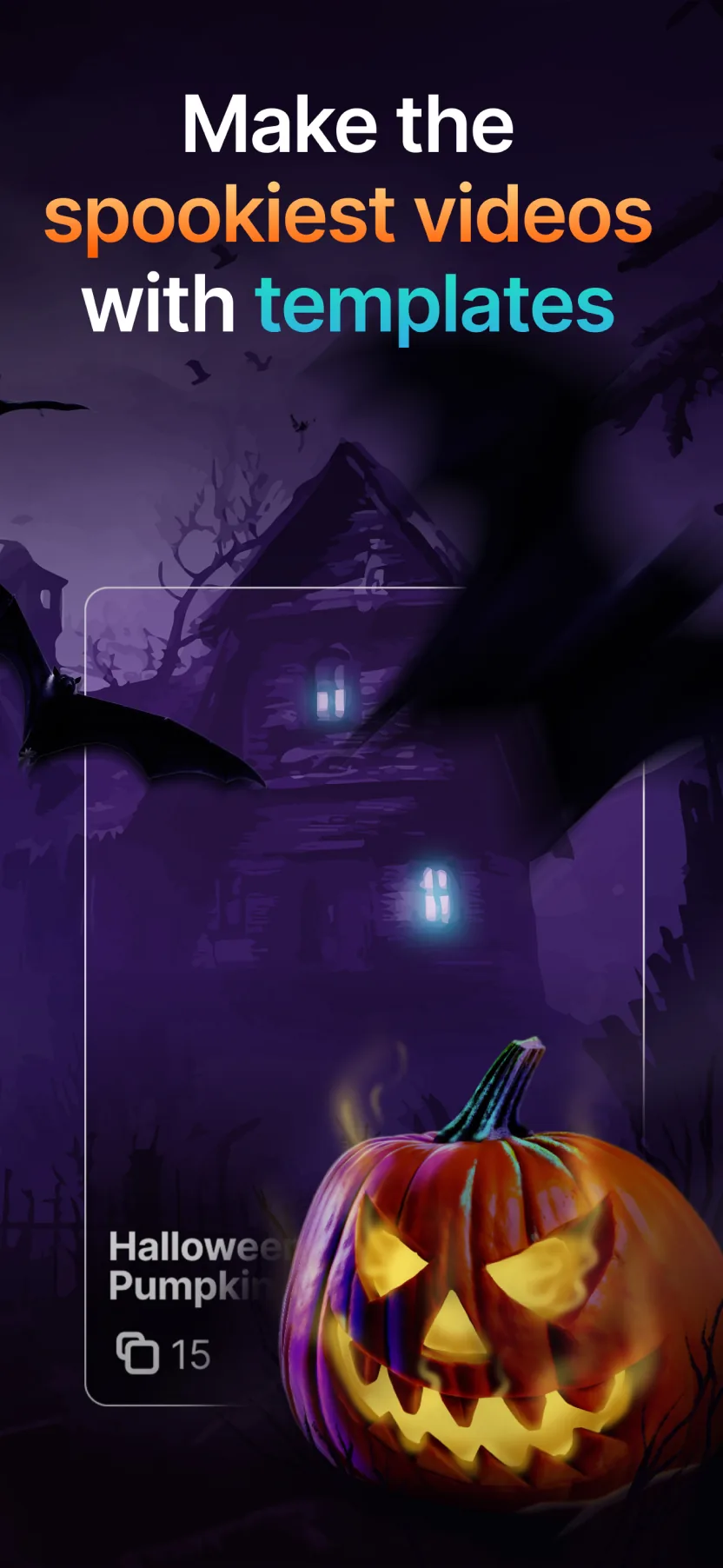 Halloween Custom Product Page: “Make the spookiest videos with templates” with a glowing jack o’ lantern