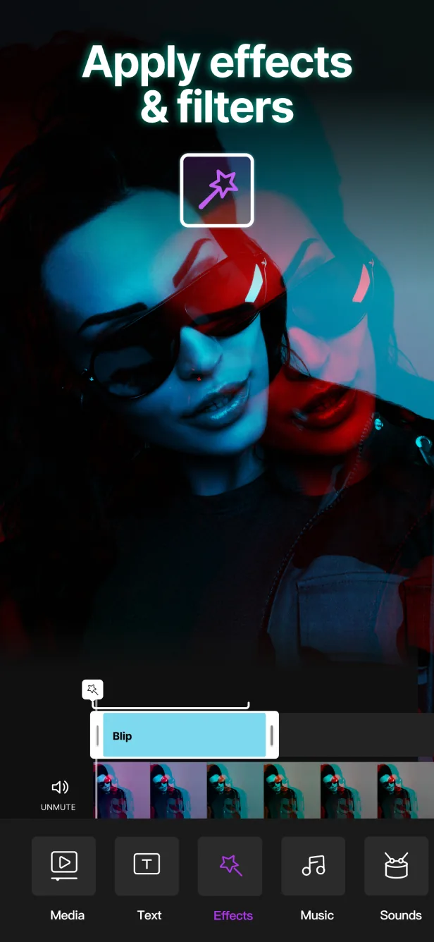 App Store screenshot: “Apply effects & filters” on a neon portrait