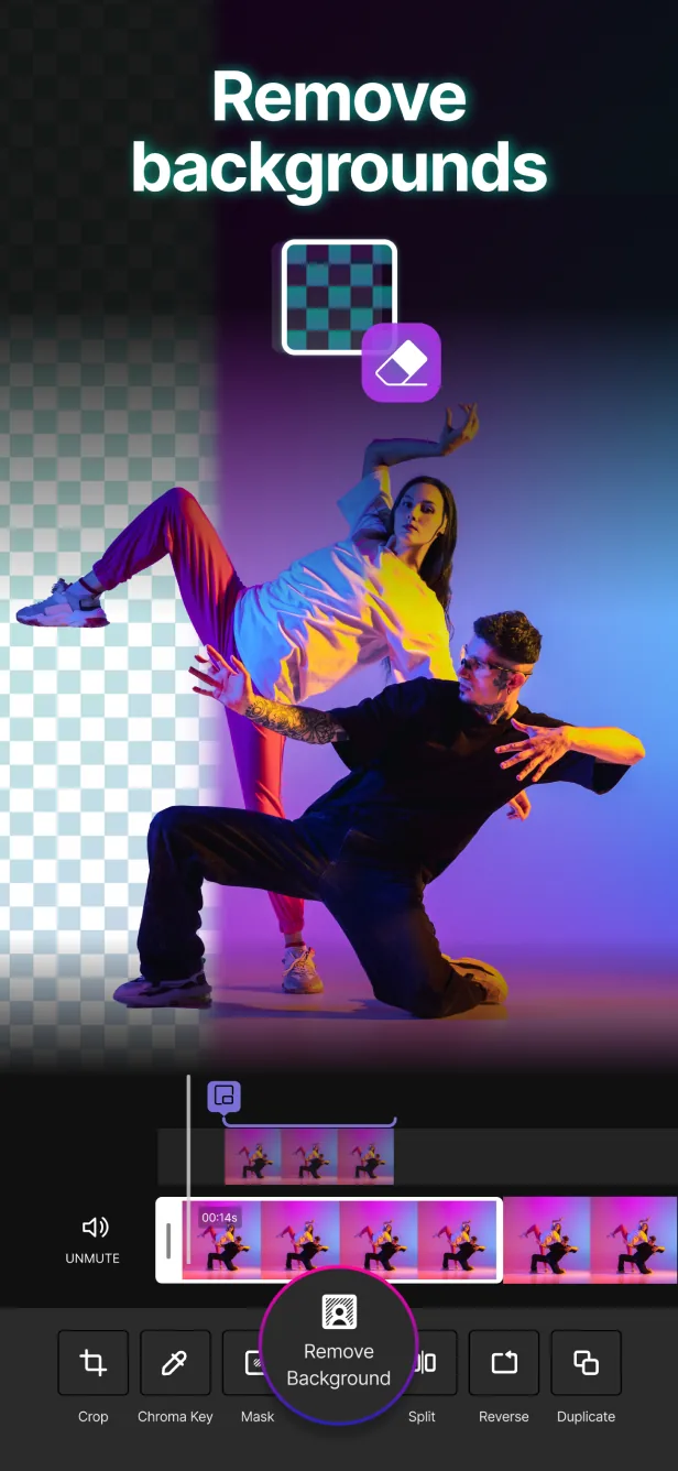 App Store screenshot: “Remove backgrounds” with two dancers