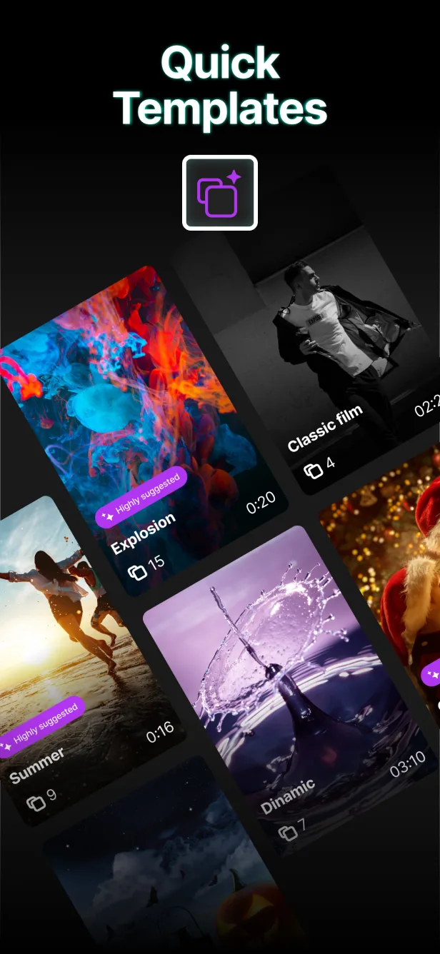 App Store screenshot: “Quick Templates” with tilted template cards