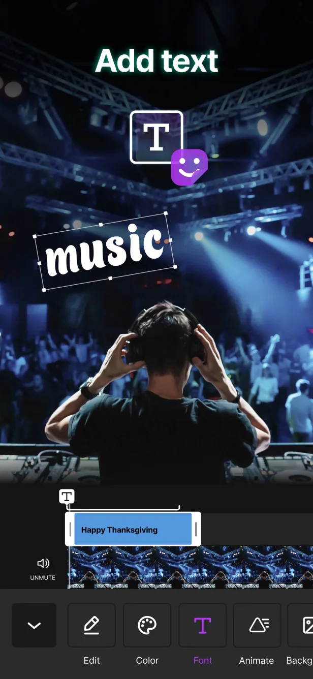 App Store screenshot: “Add text” over a DJ at a concert