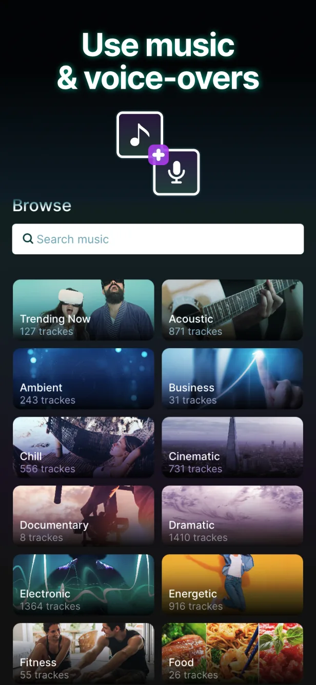 App Store screenshot: “Use music & voice-overs” with the music library