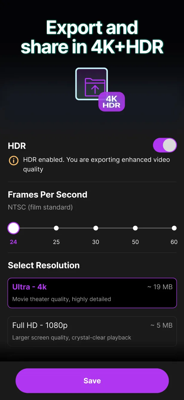 App Store screenshot: “Export and share in 4K+HDR” with export settings
